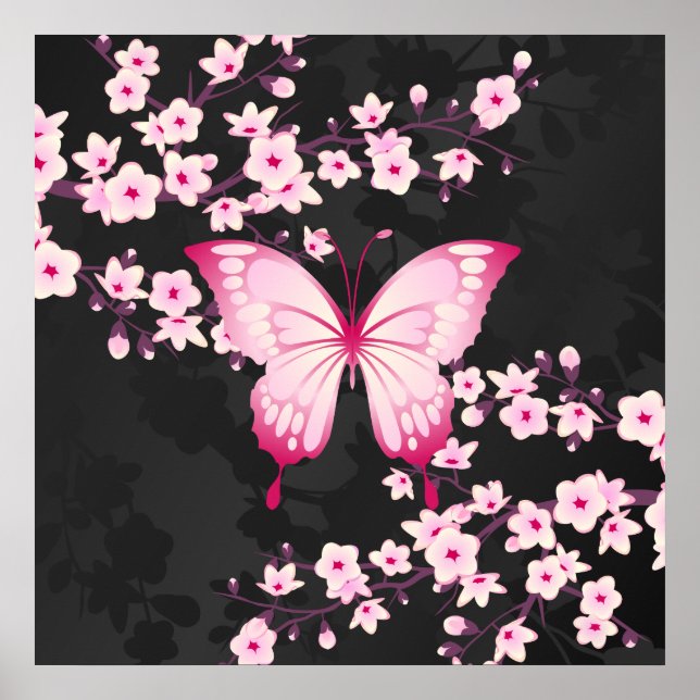 Affiche Papillon Noir Rose Et Fleurs De Cerisiers (Devant)