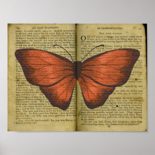 Affiche Papillon orange dessin sur la page de livre ancien