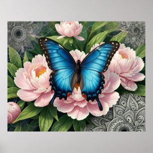 Affiche Papillon Papilio Bleu avec Art Floral de Pivoines