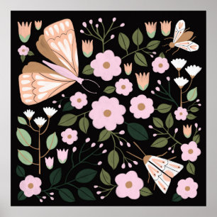 Affiche Papillon papillon noir rose Boho
