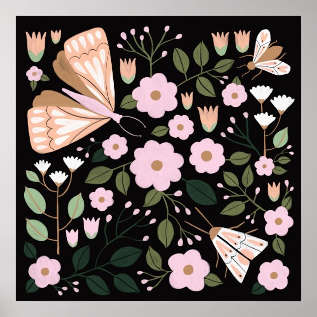 Affiche Papillon papillon noir rose Boho (Devant)