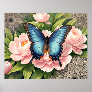Affiche Papillon Queue Bleue Art Botanique Floral
