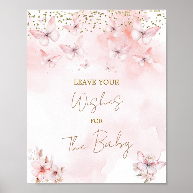 Affiche Papillon rose Baby shower fille veut pour bébé (Devant)