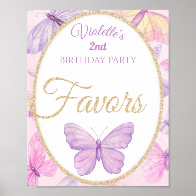 Affiche Papillon rose et pourpre Fête d'anniversaire Faveu (Devant)