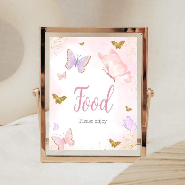 Affiche Papillon rose Or Nourriture de printemps (Purple Gold Butterfly Baby Shower Food Sign)