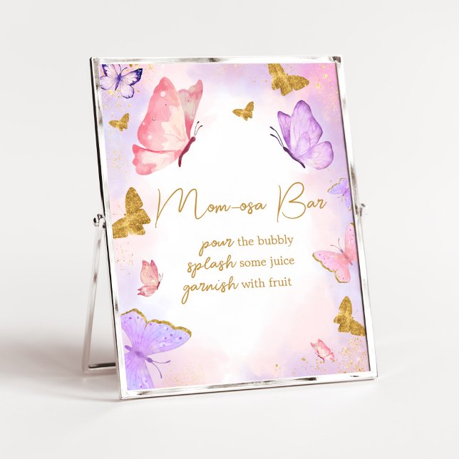 Affiche Papillon rose or violet Baby shower Maman Osa Bar (Boho Butterfly Baby Shower Mom Osa Bar Sign)