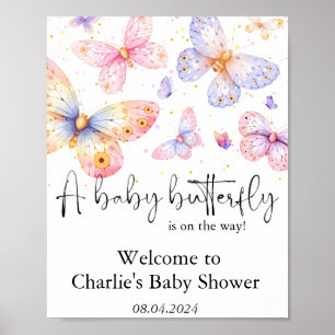 Affiche Papillon rose violet Baby shower fille