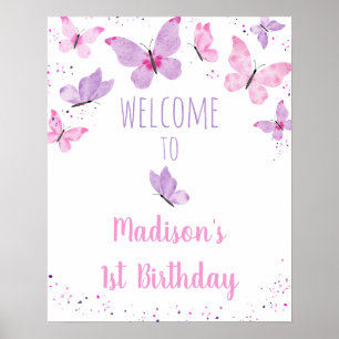 Affiche Papillon rose violet Bienvenue à l'anniversaire