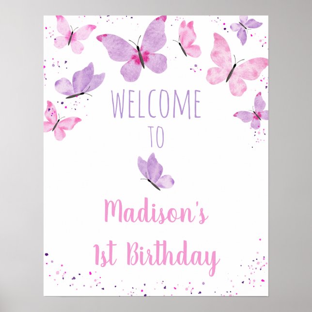 Affiche Papillon rose violet Bienvenue à l'anniversaire (Devant)