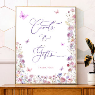 Affiche Papillon rose violet Fleurs sauvages Cartes et cad