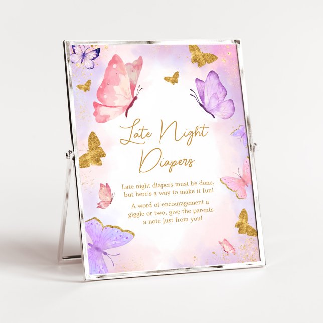 Affiche Papillon rouge rose Or Diapositives nocturnes (Boho Butterfly Baby Shower Late Night Diapers Sign)