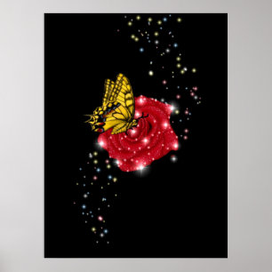 Affiche Papillon sur rose rouge avec étoiles et gouttes de