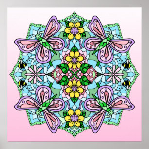 Affiche Papillon Tiré À La Main Rose, Fleurs Mandala