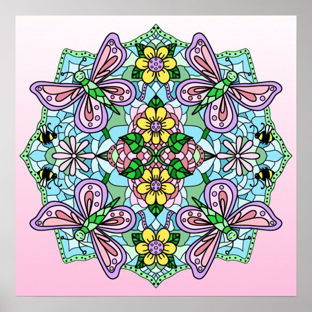 Affiche Papillon Tiré À La Main Rose, Fleurs Mandala (Devant)