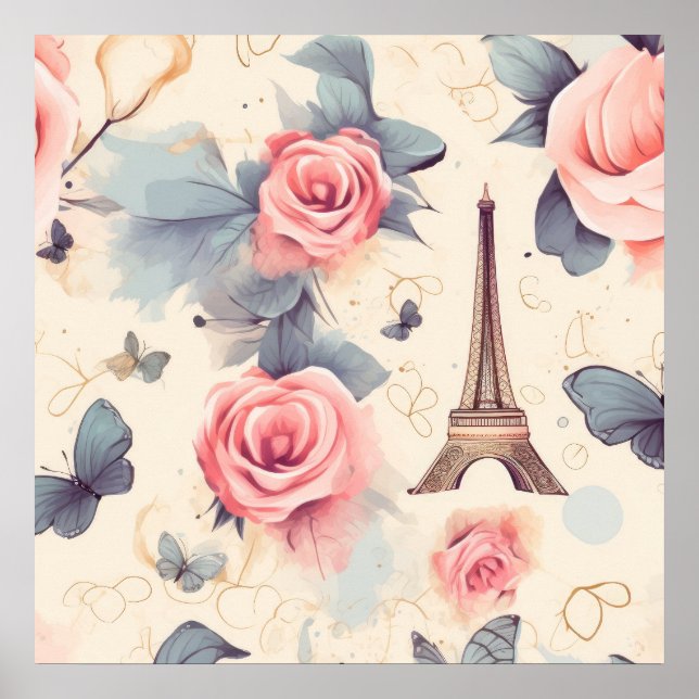 Affiche Papillon Tour Eiffel et Motif Rose (Devant)