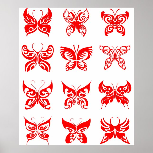 Affiche Papillon Tribal Rouge Ornemental (Devant)