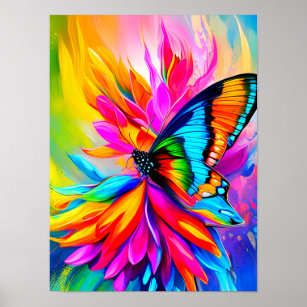 Affiche Papillon tropical exotique et fleurs colorées