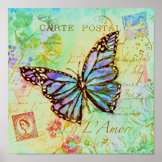 Affiche papillon turquoise et violet (Devant)