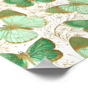 Affiche Papillon vert Fleur florale blanche
