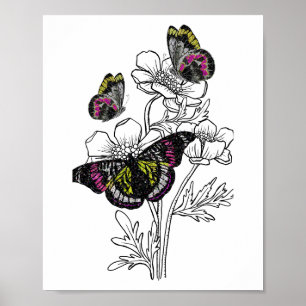 Affiche Papillon vintage, fleurs esthétiques