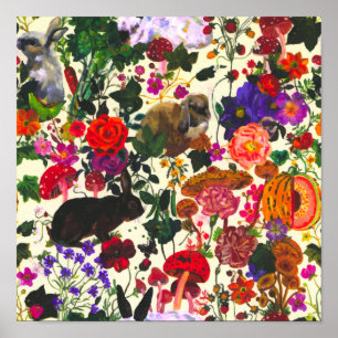 Affiche Papillon vintage Jardin de lapin Aquarelle florale