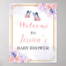 Papillon violet rose Baby shower fille Bienvenue