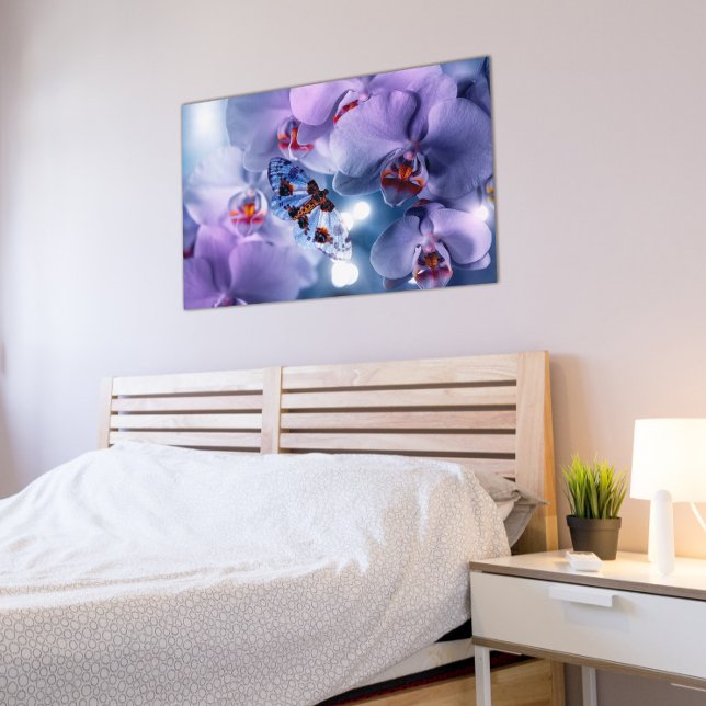 Affiche Papillon Visite des fleurs d'orchidées roses et vi (Créateur téléchargé)