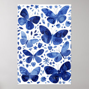 Affiche Papillons Aquarelle Bleu Indigo