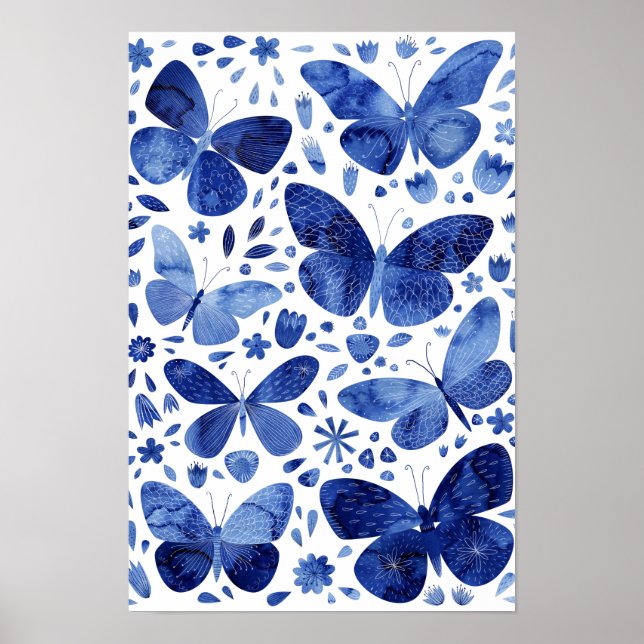 Affiche Papillons Aquarelle Bleu Indigo (Devant)