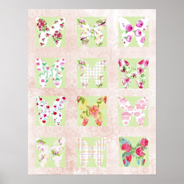 Affiche Papillons Aquarelle Fleurs Collage (Devant)