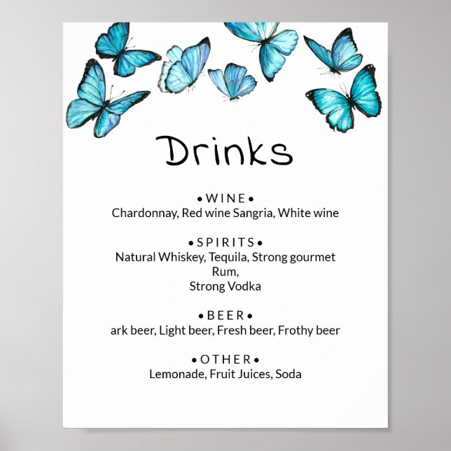 Affiche Papillons bleus. Menu des boissons de mariage fant (Devant)