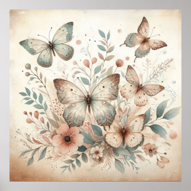 Affiche Papillons de fleurs aux couleurs pastel aquarelle (Devant)