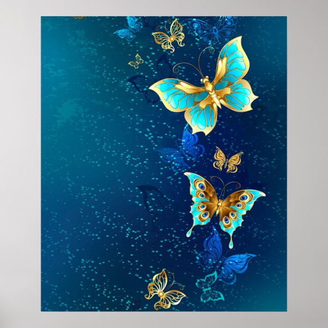 Affiche Papillons d'or sur un Arrière - plan bleu (Devant)