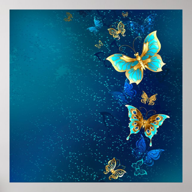Affiche Papillons d'or sur un Arrière - plan bleu (Devant)