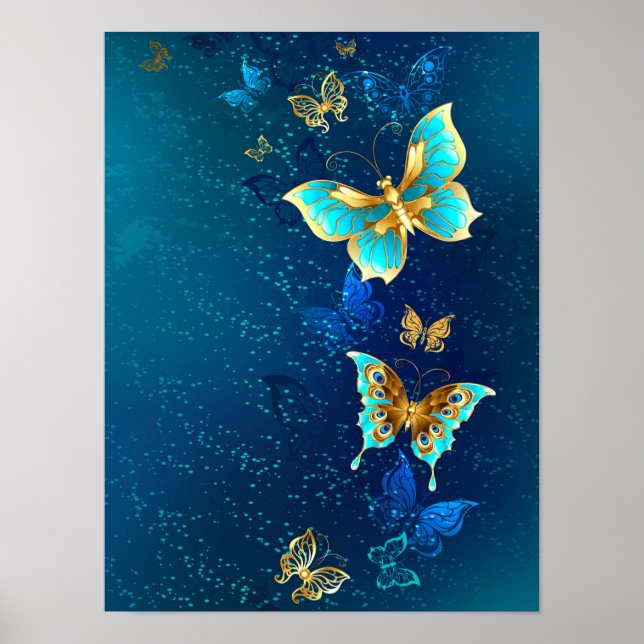 Affiche Papillons d'or sur un Arrière - plan bleu (Devant)