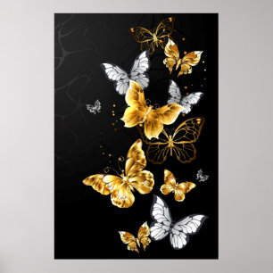Affiche Papillons dorés et blancs