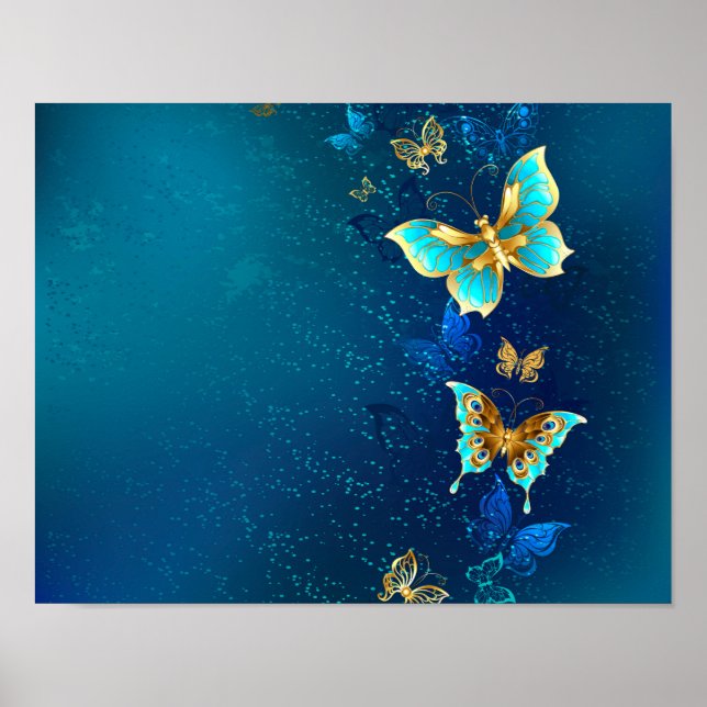 Affiche Papillons dorés sur fond bleu (Devant)