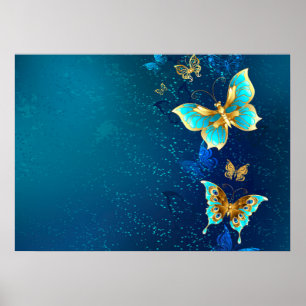 Affiche Papillons dorés sur fond bleu