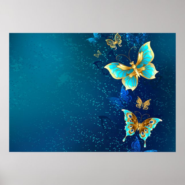 Affiche Papillons dorés sur fond bleu (Devant)