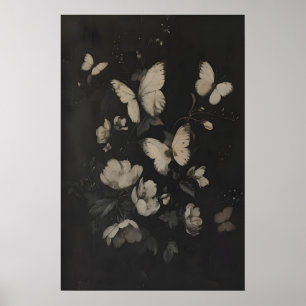 Affiche Papillons et fleurs blancs fantaisistes foncés