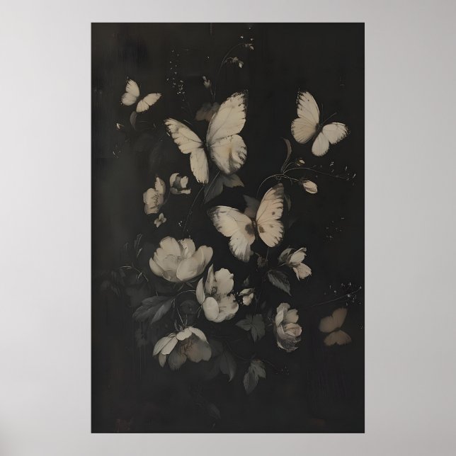 Affiche Papillons et fleurs blancs fantaisistes foncés (Devant)