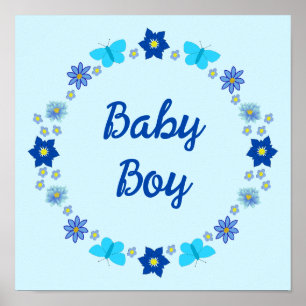 Affiche Papillons et Fleurs Bleus pour Bébé Garçon Personn