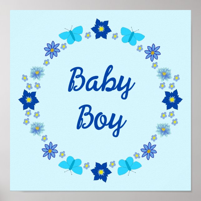 Affiche Papillons et Fleurs Bleus pour Bébé Garçon Personn (Devant)
