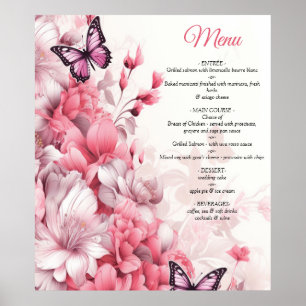 Affiche Papillons et Fleurs dans des tons roses variés
