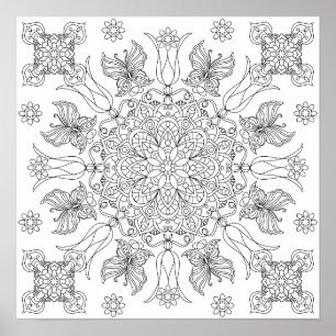 Affiche Papillons et Fleurs Mandala Coloriage Adulte