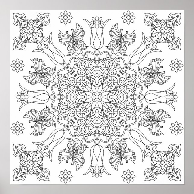 Affiche Papillons et Fleurs Mandala Coloriage Adulte (Devant)
