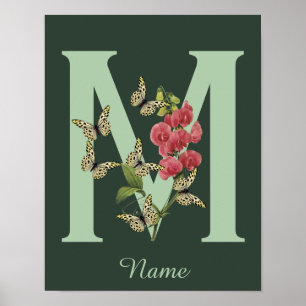 Affiche Papillons Fleur Monogramme Initiale M Personnalisé
