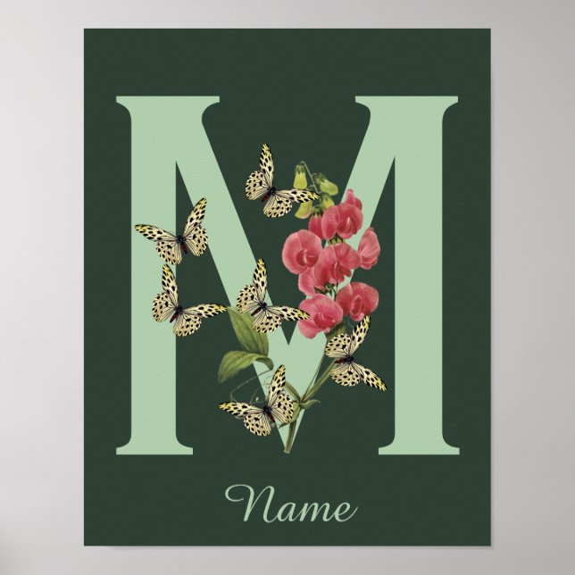 Affiche Papillons Fleur Monogramme Initiale M Personnalisé (Devant)