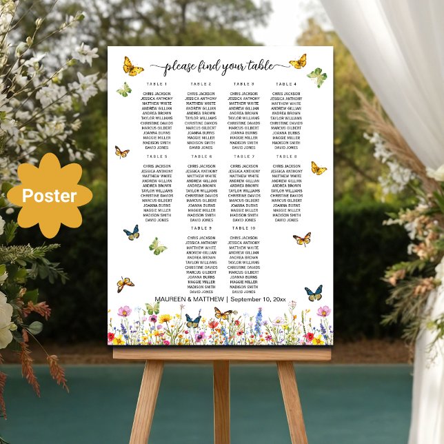 Affiche Papillons fleur sauvage 10 Tables Siège Mariage (Créateur téléchargé)