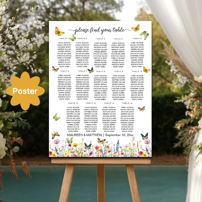 Affiche Papillons fleur sauvage 14 Tables Siège Mariage (Créateur téléchargé)